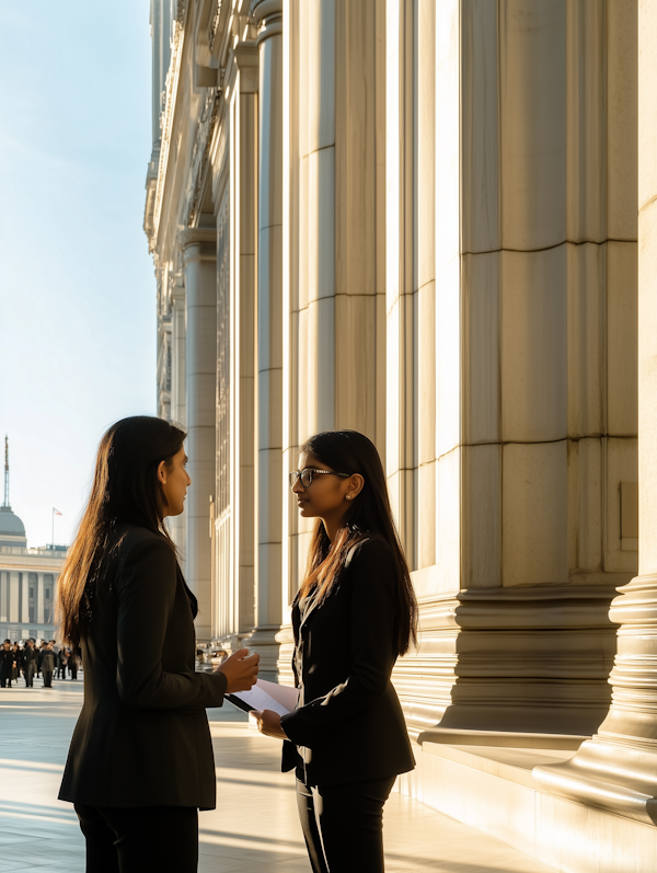 Professional Conversation in Front of Grand Building