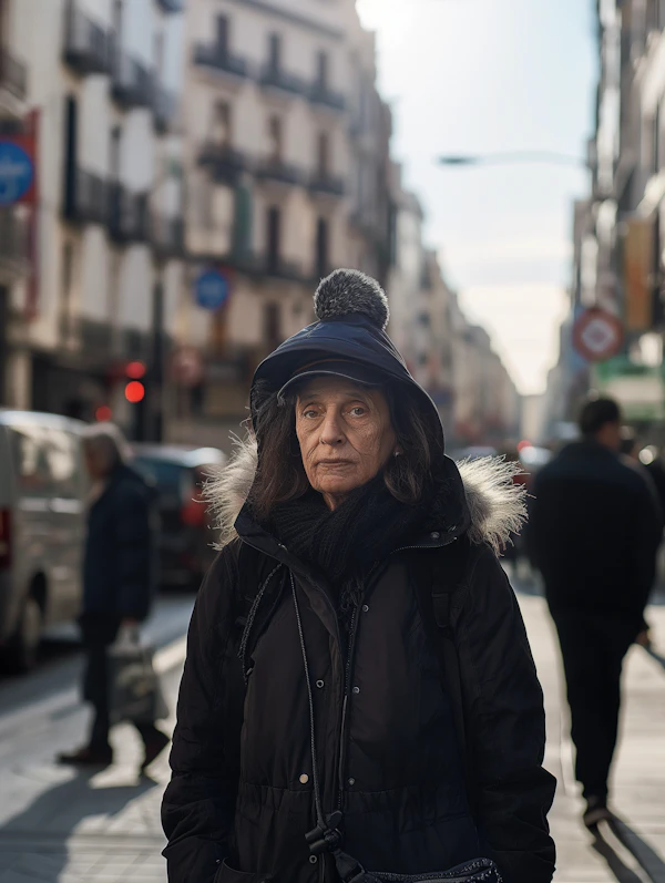 Contemplative Elderly Woman in Winter Cityscape