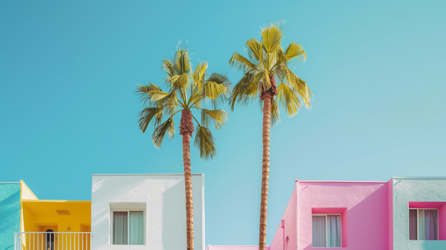 Vibrant Tropical Palms and Colorful Buildings