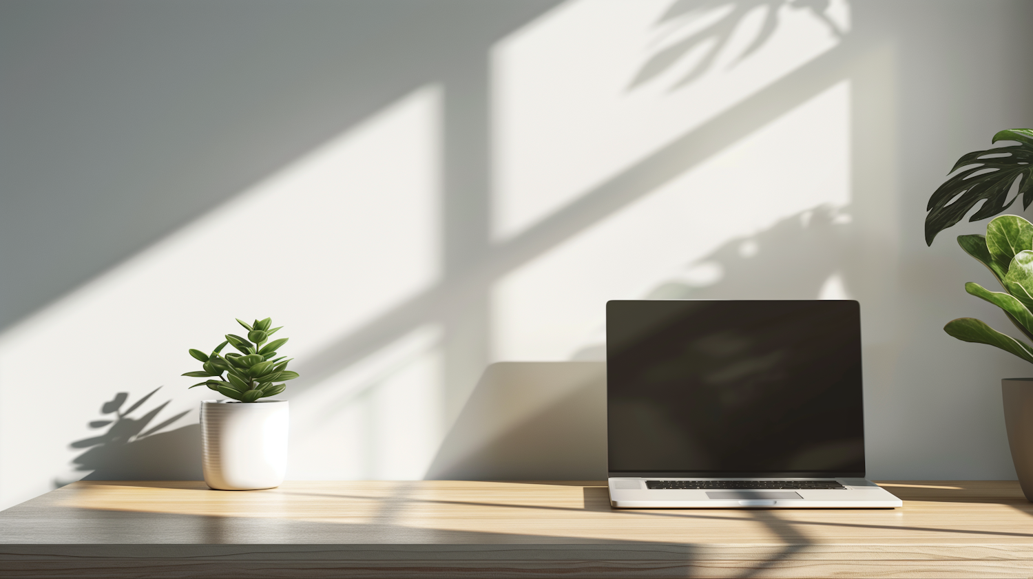 Sunlit Workspace with Plants and Laptop