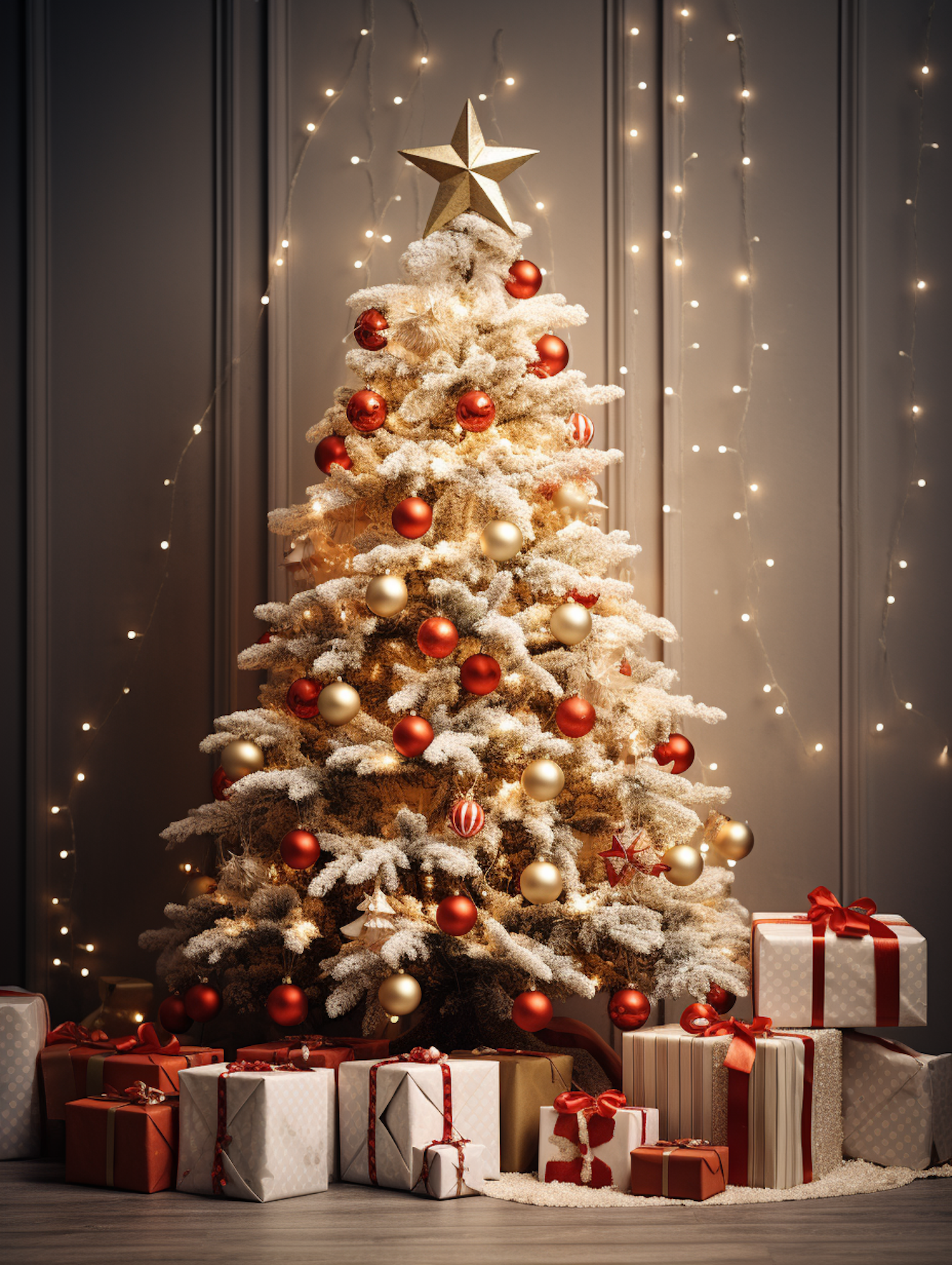 Warmly Lit Festive Christmas Tree with Snowy Flocking and Traditional Ornaments