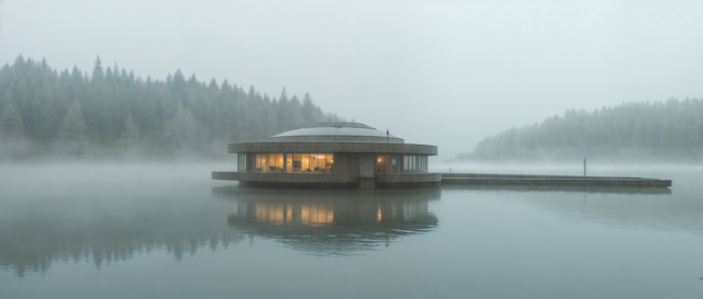 Misty Circular Building on Water