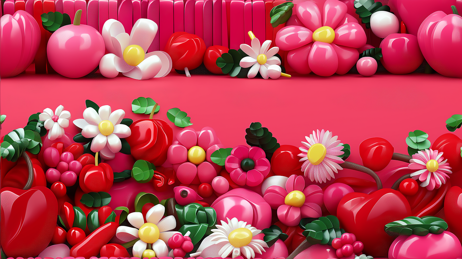 Vibrant 3D-Modeled Fruits and Flowers Arrangement