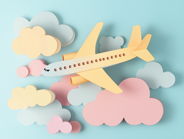 Whimsical Airplane in Paper-Cutout Sky