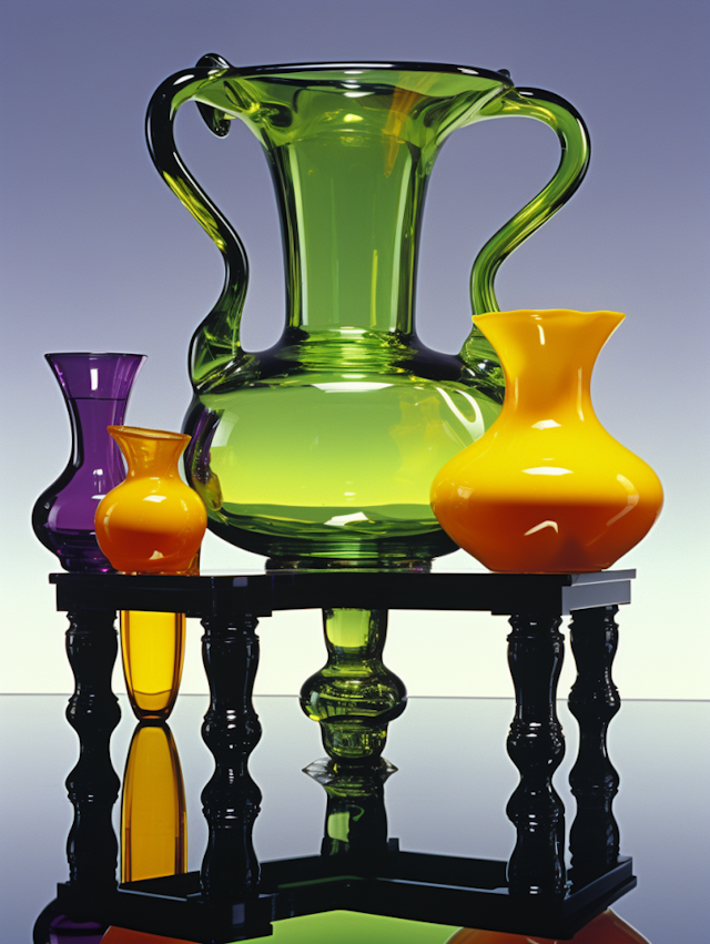 Trio of Radiant Glass Vases on Reflective Surface