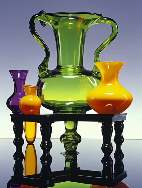 Trio of Radiant Glass Vases on Reflective Surface