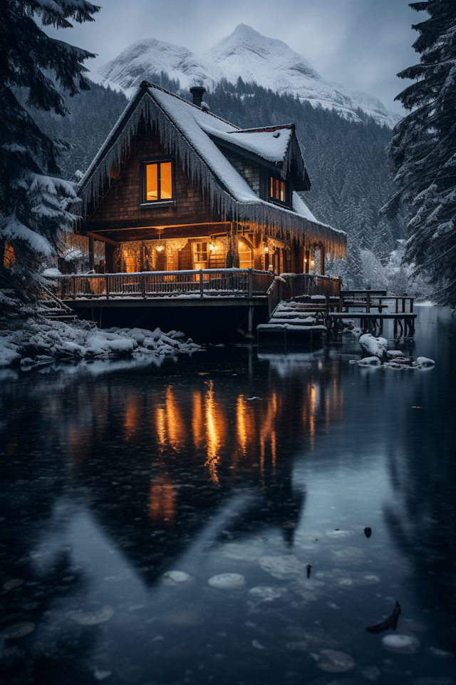 Twilight Serenity: Snowy Lakeside Cabin Retreat