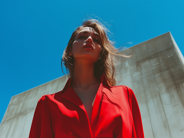 Woman in Red Against Blue Sky