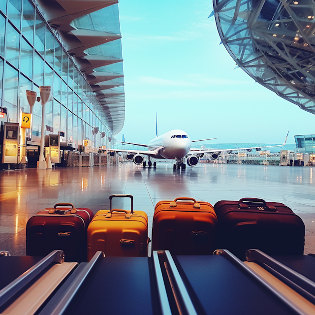 Modern Airport Terminal at Twilight with Centerpiece Airplane and Luggage Foreground