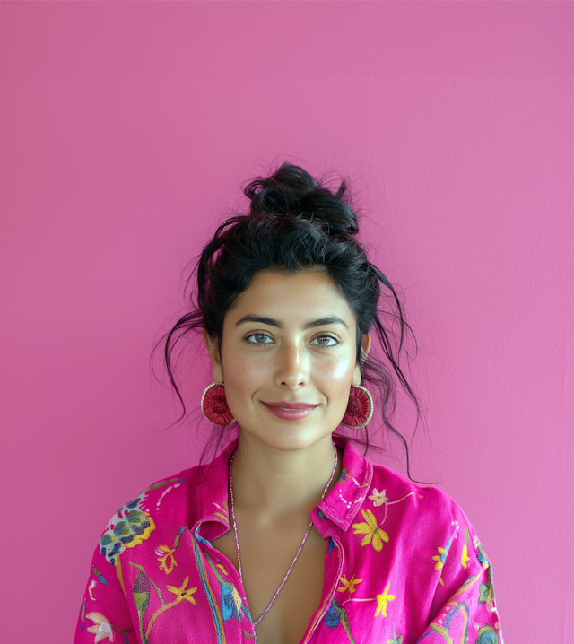 Woman with Brown Eyes and Floral Embroidery