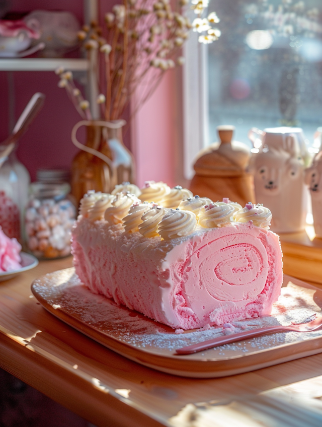 Homemade Pink Rolled Cake on Wooden Table