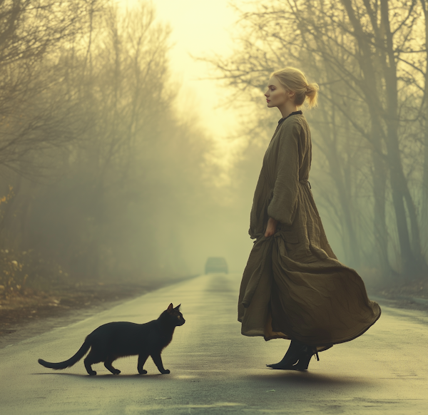 Woman and Black Cat on Misty Road