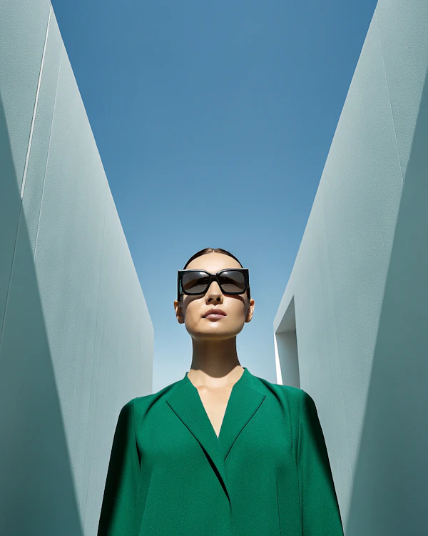 Woman in Green Outfit with Architectural Background