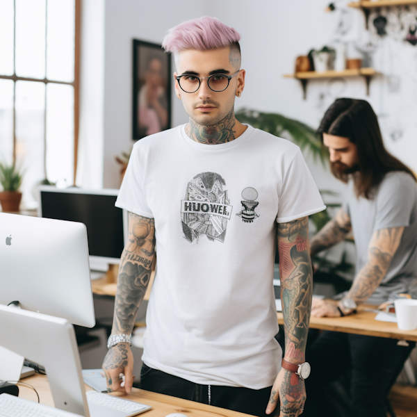 Tattooed Creative Professional with Pink Hair in Modern Workspace