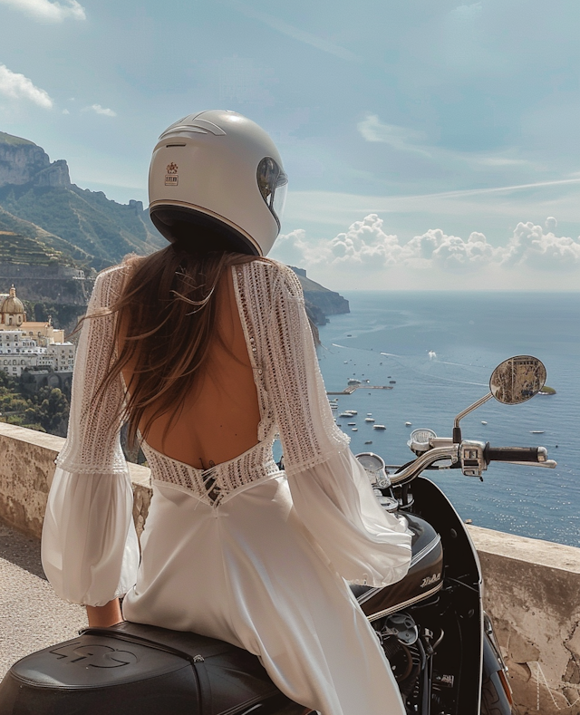 Woman on Motorcycle Overlooking Coastal View