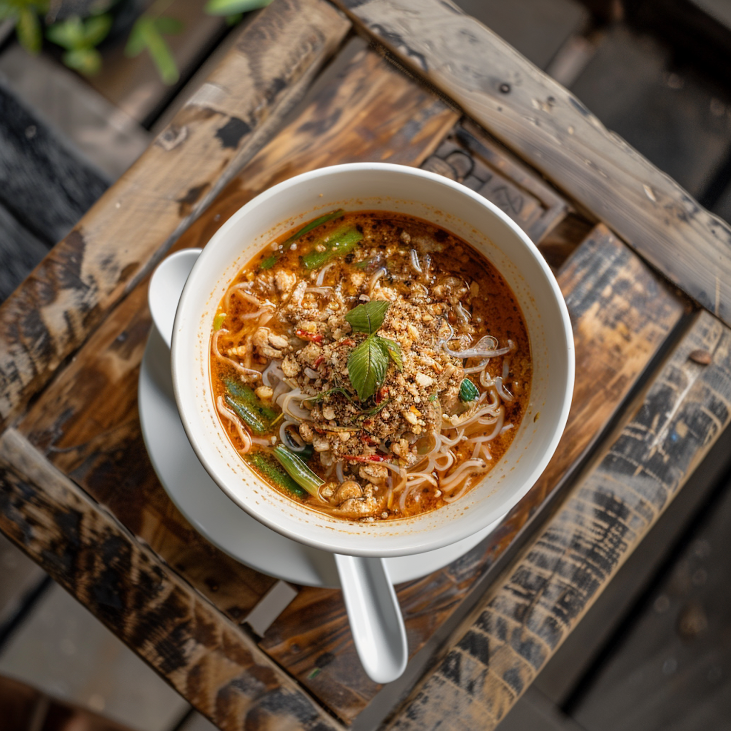 Asian-Style Noodle Soup on Rustic Table