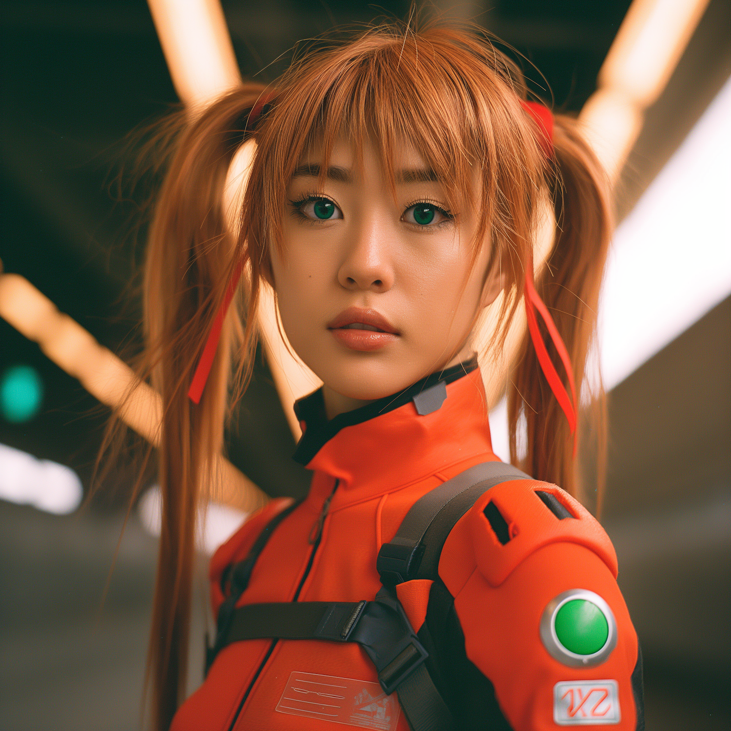 Futuristic Woman in Red and Orange Suit