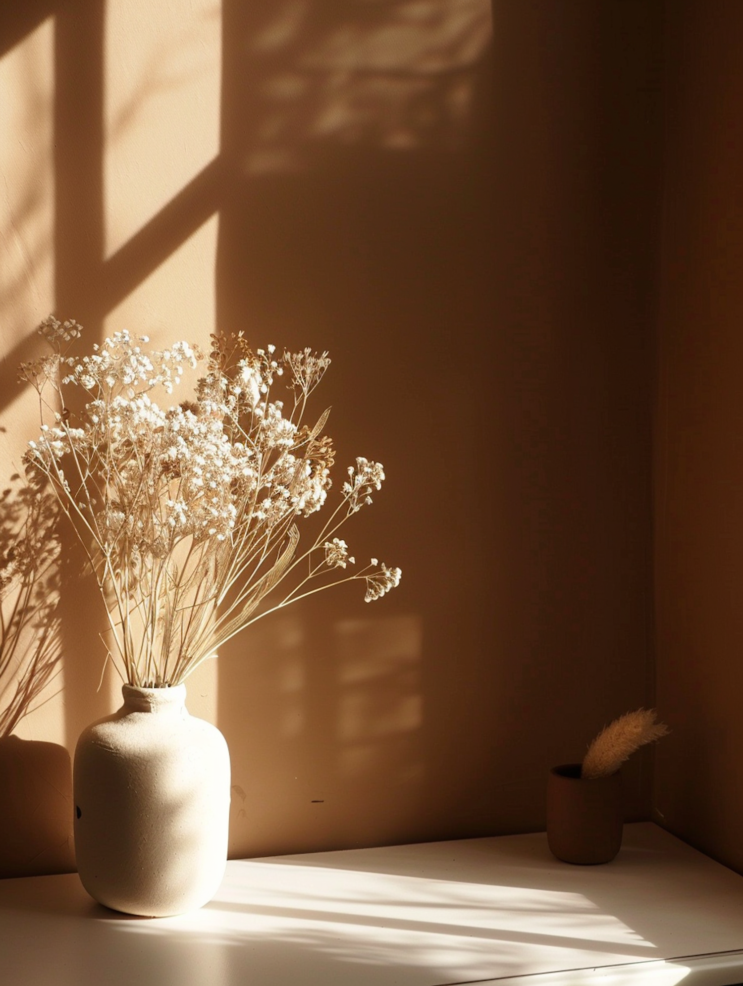 Serene Vase with Dried Flowers in Sunlight