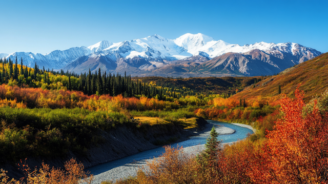 Autumn Landscape with River and Mountains