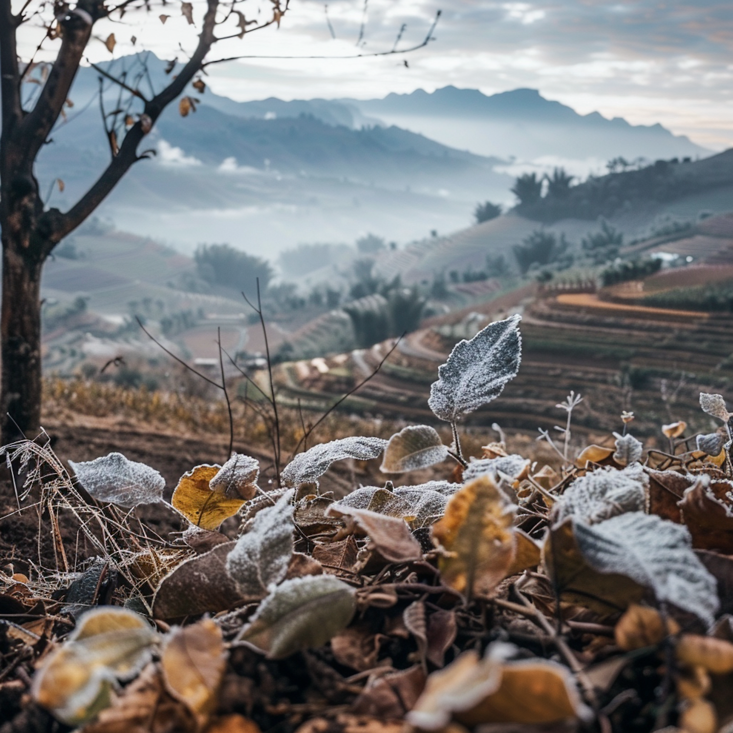 Frosted Leaves and Foggy Hills