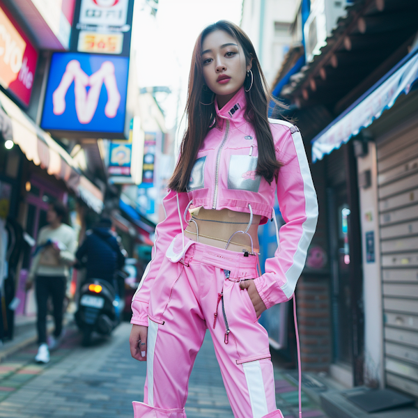 Fashionable Woman in Pink Tracksuit in Urban Landscape