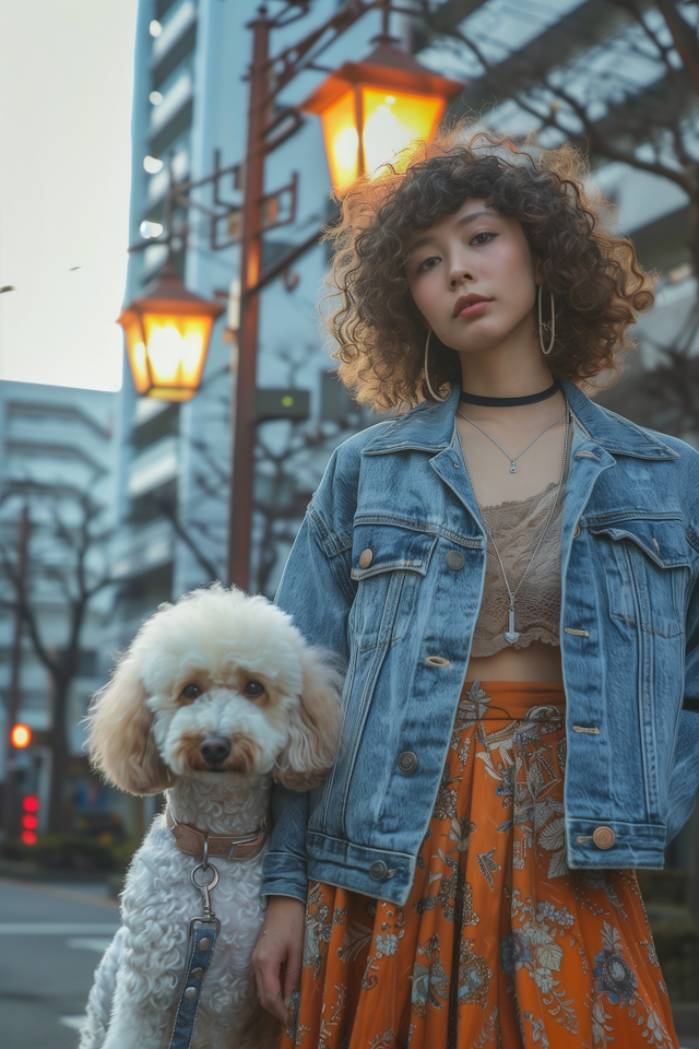 Young Woman with Her Dog Outdoors at Twilight