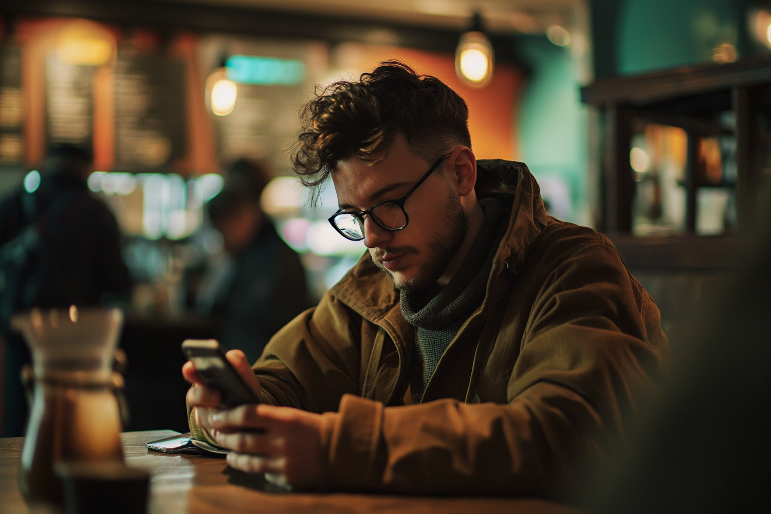 Intellectual Young Man Engrossed in Smartphone