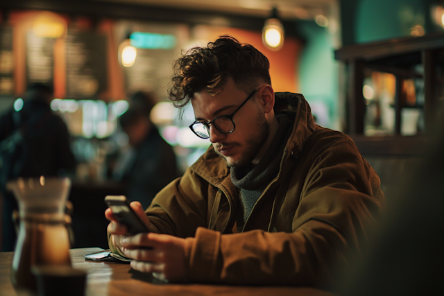 Intellectual Young Man Engrossed in Smartphone