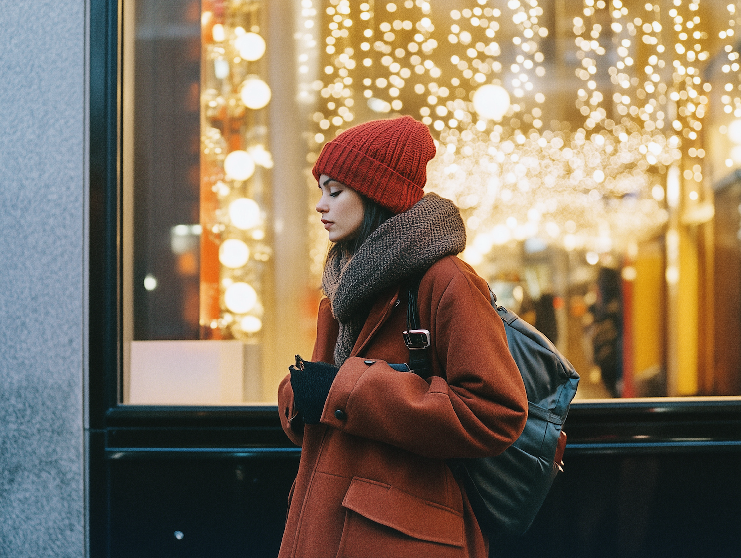 Woman Walking Past Festive Storefront