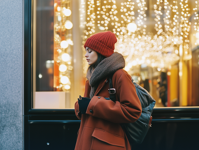 Woman Walking Past Festive Storefront