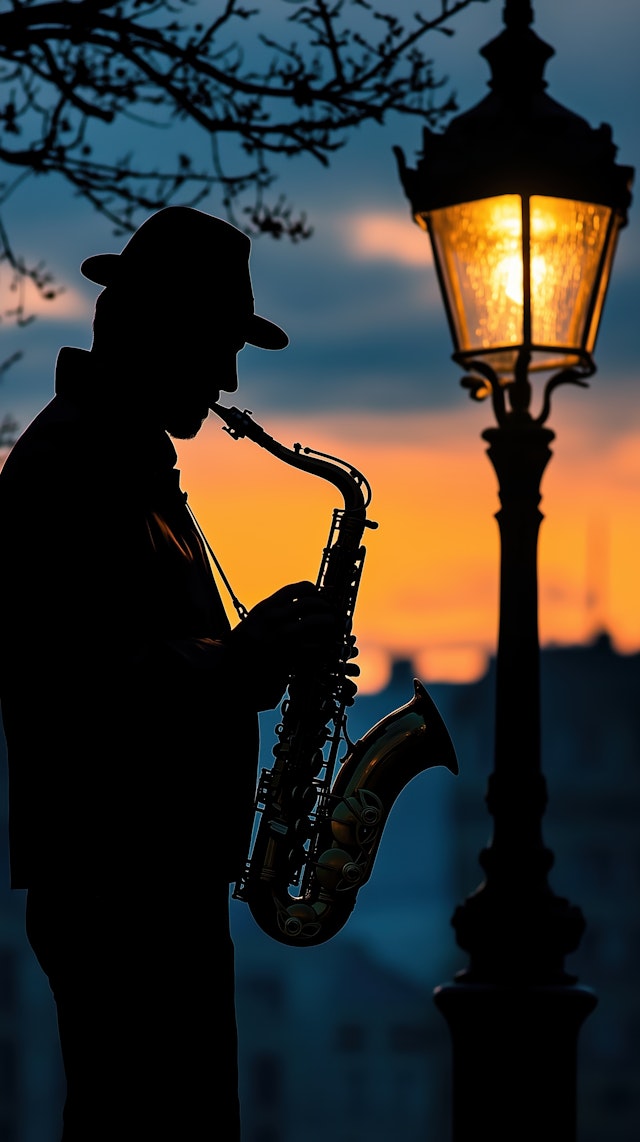 Silhouette of Saxophonist at Sunset