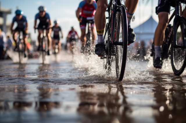 Sunlit Water Race: Cyclists in Motion