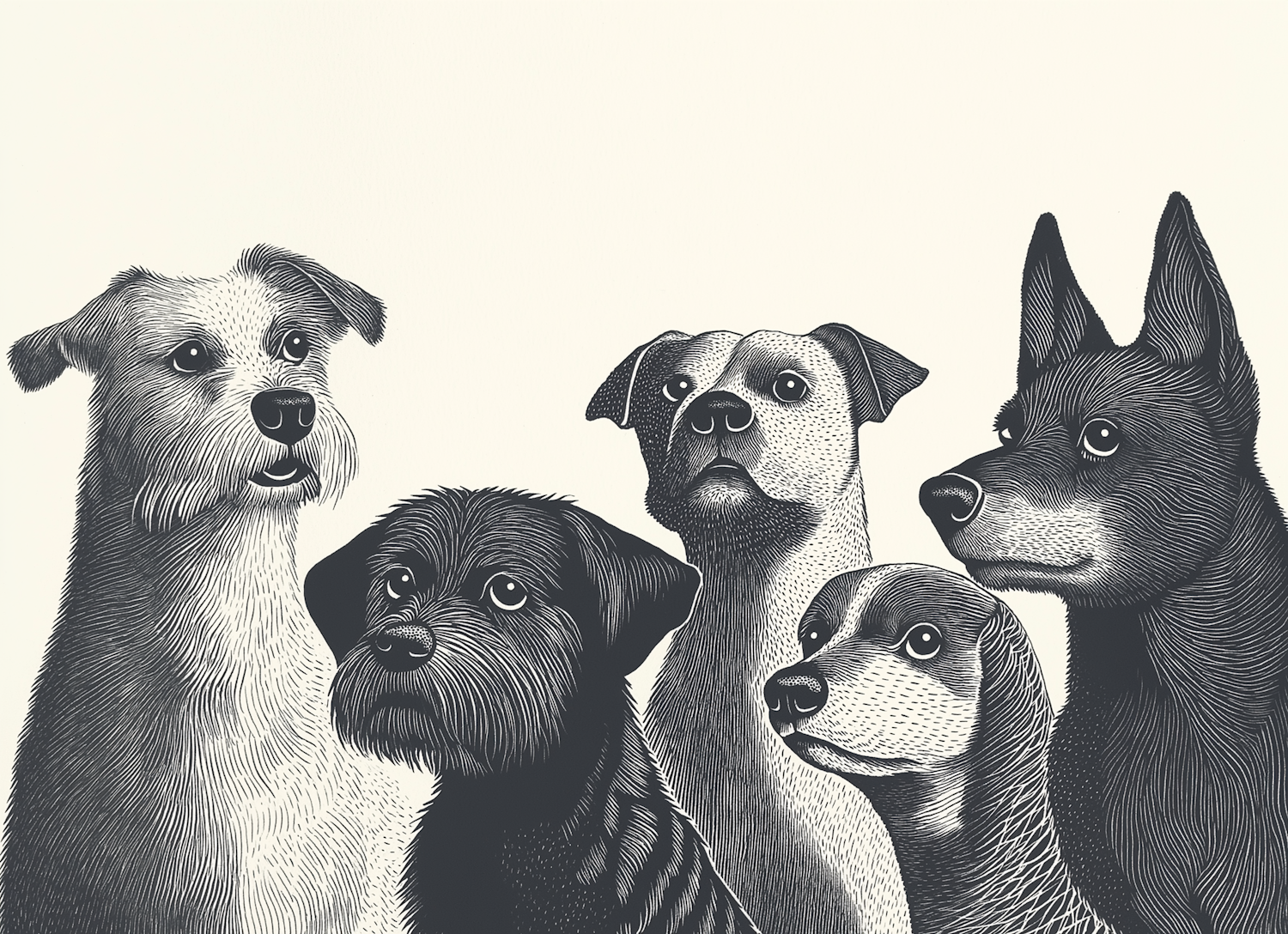 Realistic Monochrome Illustration of Five Dogs