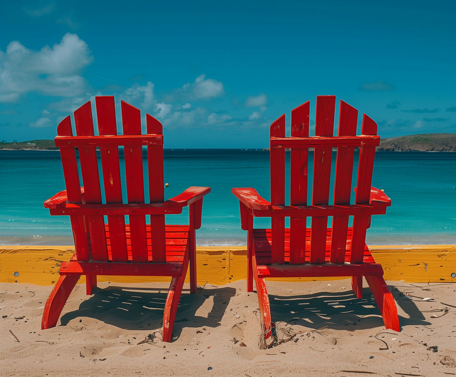 Tranquil Beach Scene with Red Adirondack Chairs