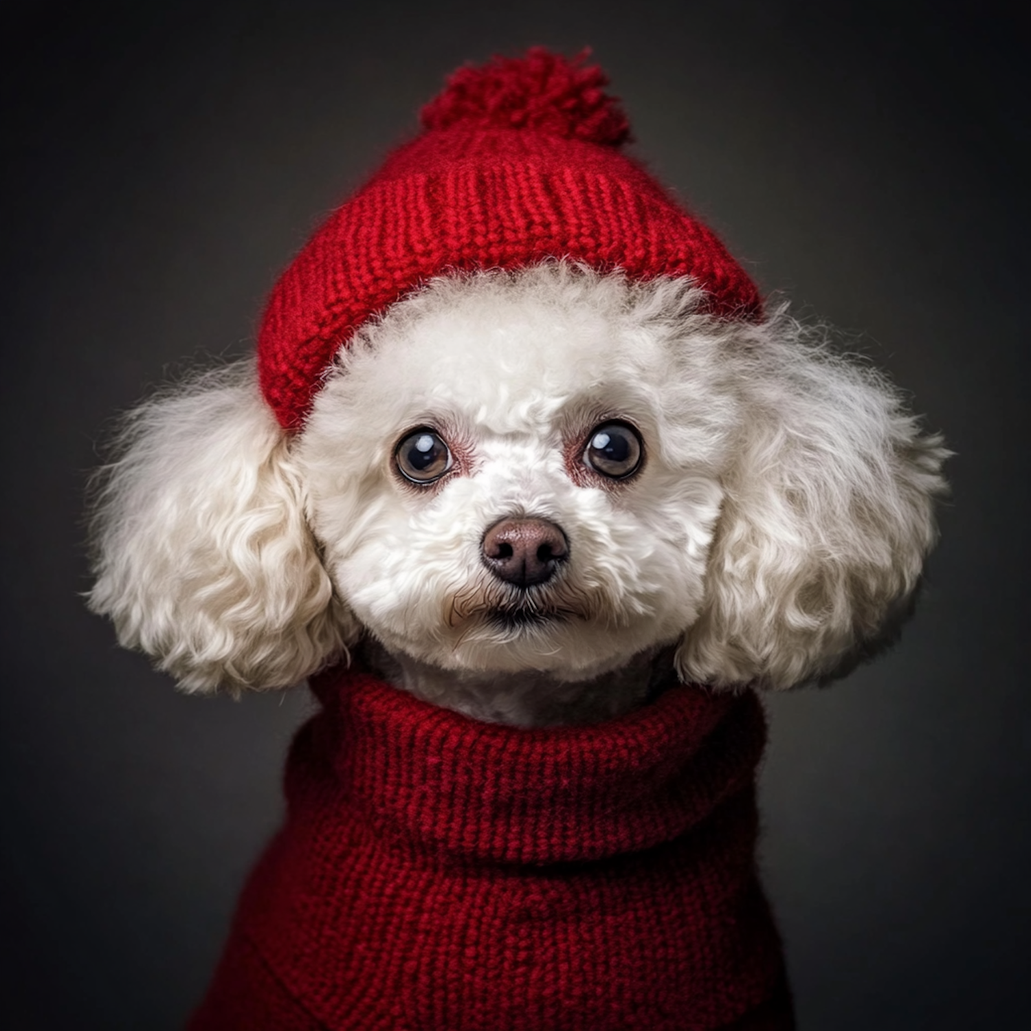 Fluffy White Dog in Red Attire