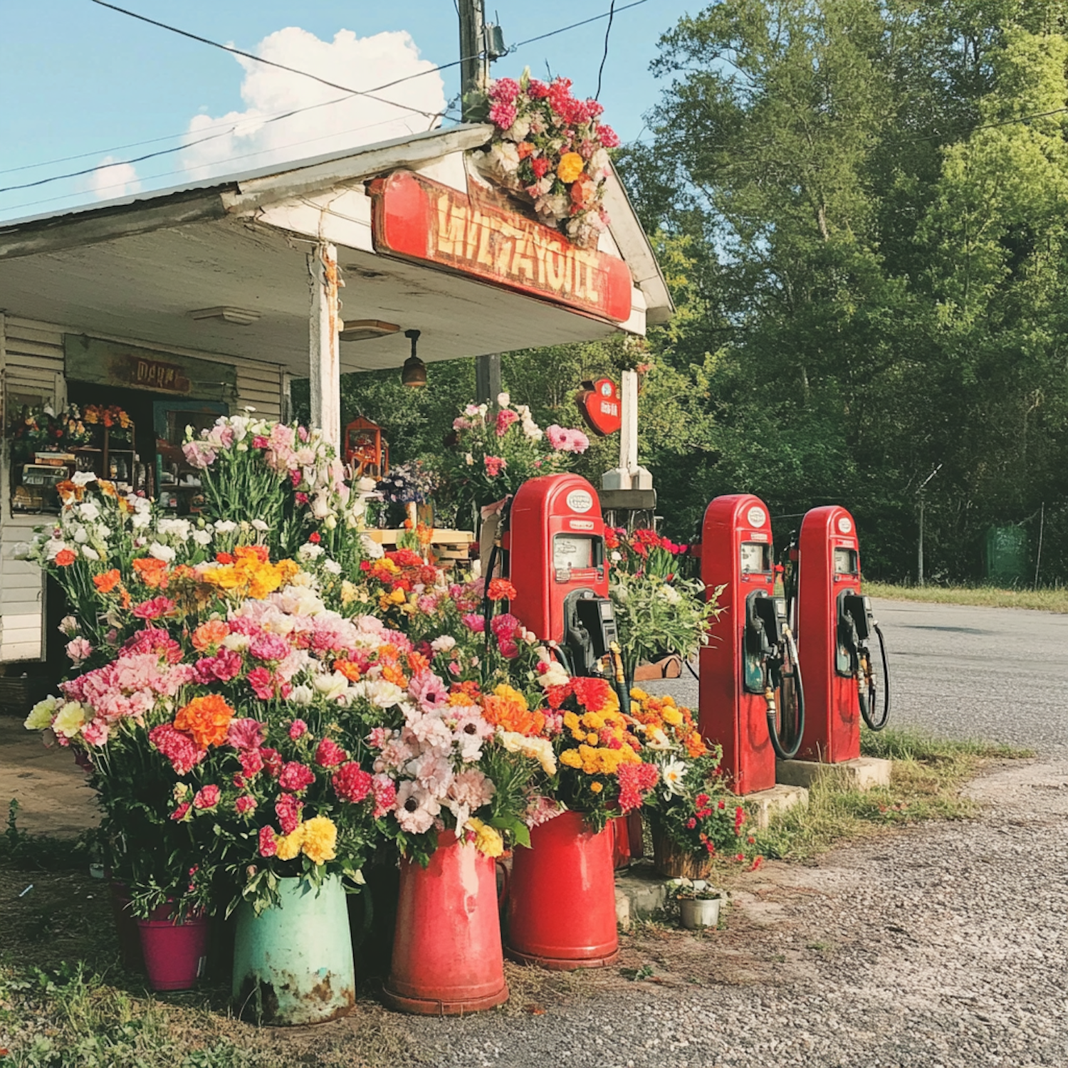 Rustic Gas Station with Flowers