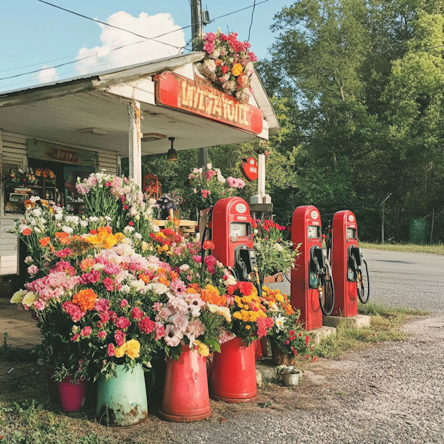 Rustic Gas Station with Flowers