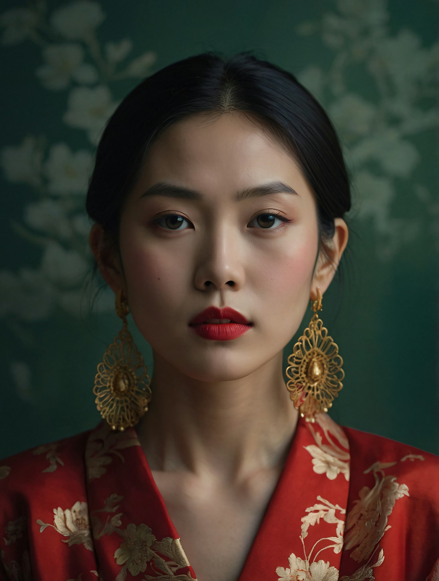 Elegant Woman in Red with Floral Patterns