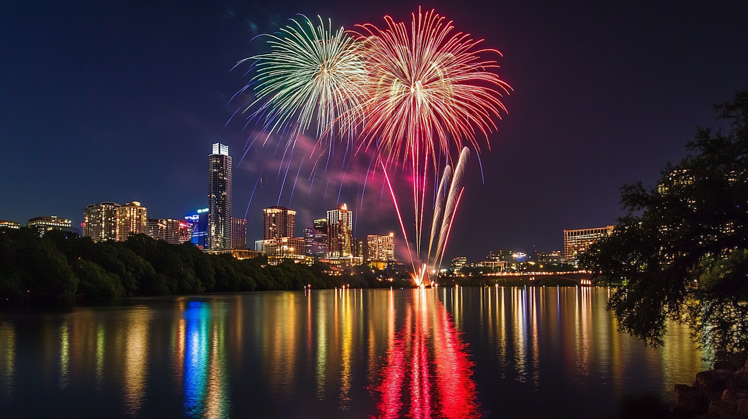 Fireworks Over City Skyline