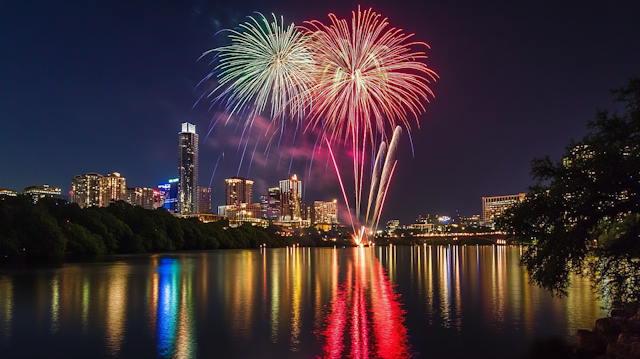 Fireworks Over City Skyline