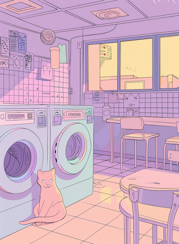 Cozy Laundromat Illustration with Cat
