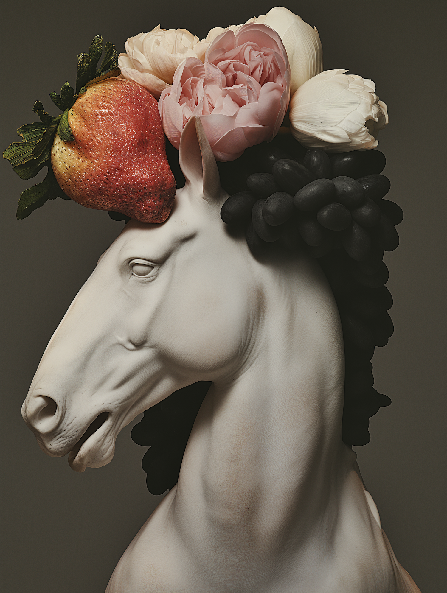 Horse Head Sculpture with Fruits and Flowers