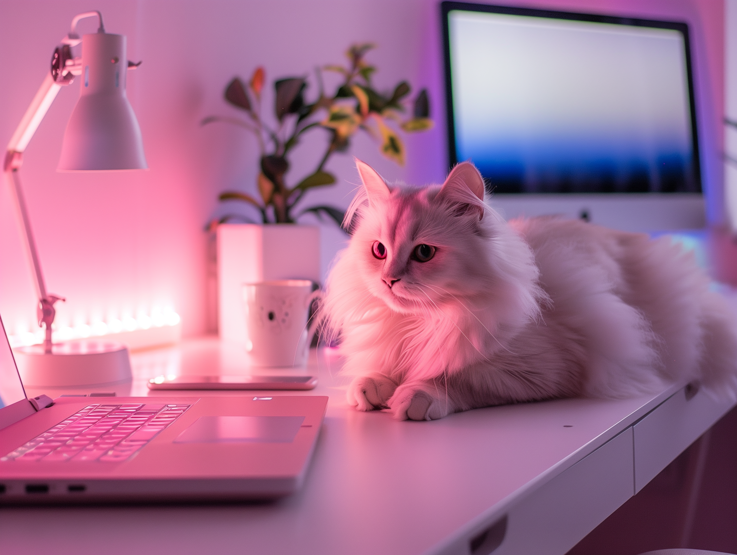 Regal White Cat on Desk