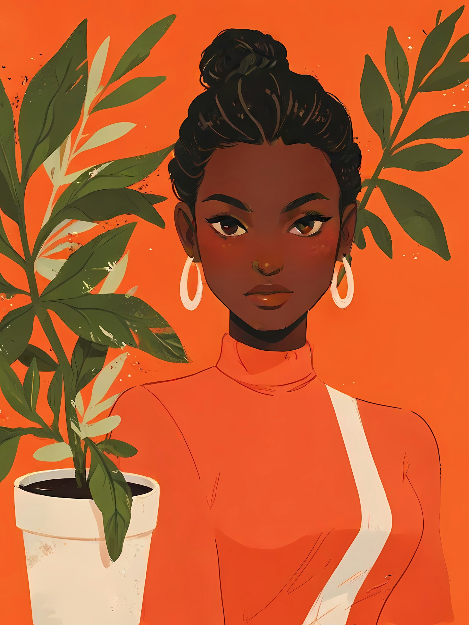 Woman with Plants on Orange Background