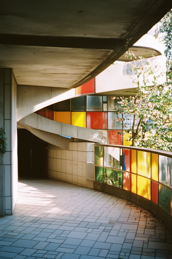 Modern Architectural Structure with Colored Glass Panels