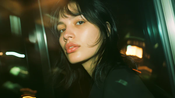 Urban Serenity: A Young Woman's Nocturnal Contemplation