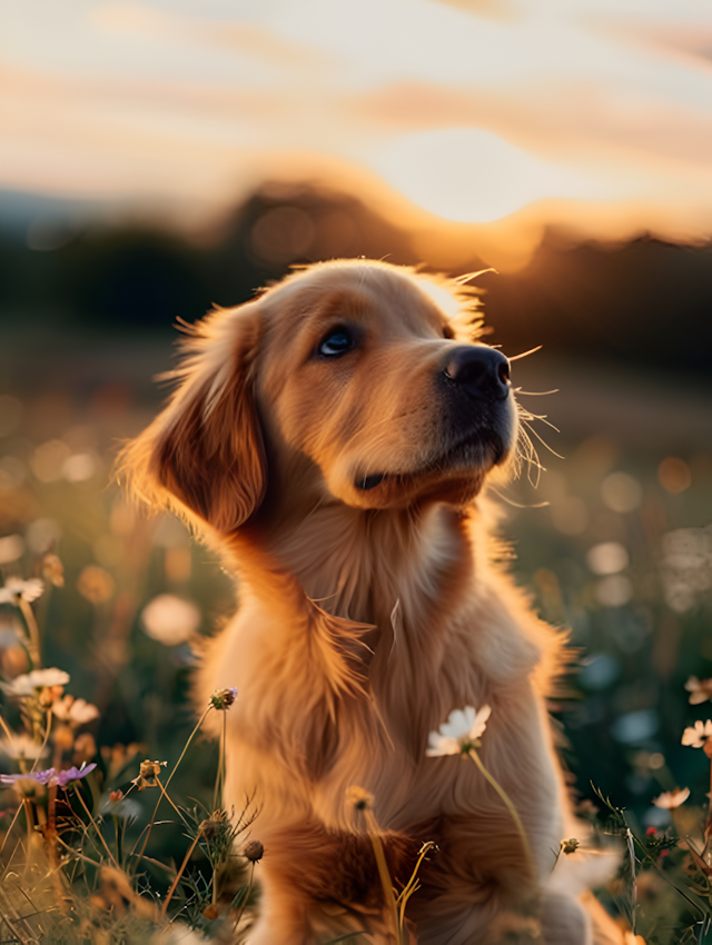 Golden Retriever Puppy in Wildflowers at Sunset