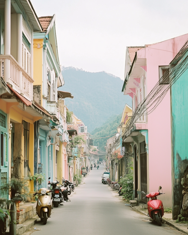 Colorful Street with Mountain View