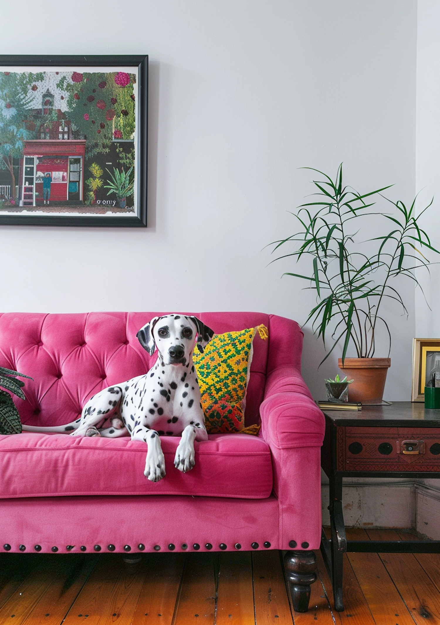 Elegant Dalmatian on Pink Sofa