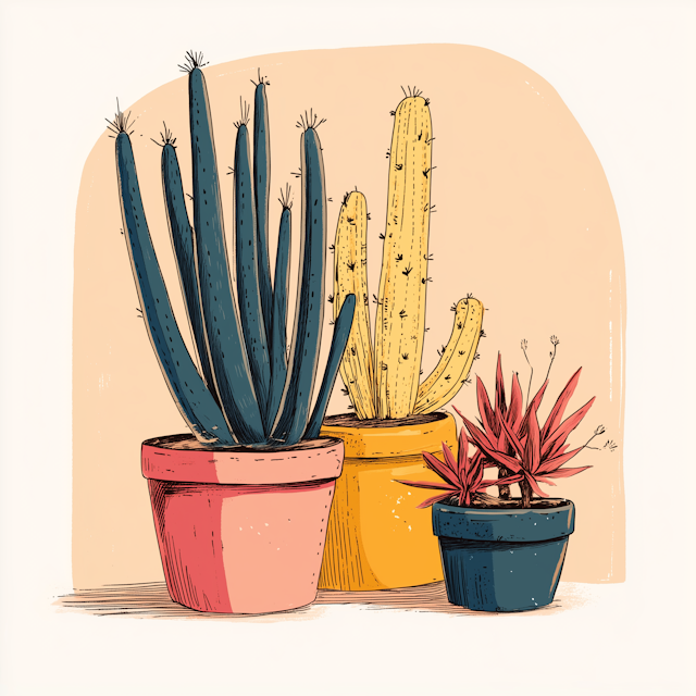 Stylized Indoor Cactus and Succulents Illustration